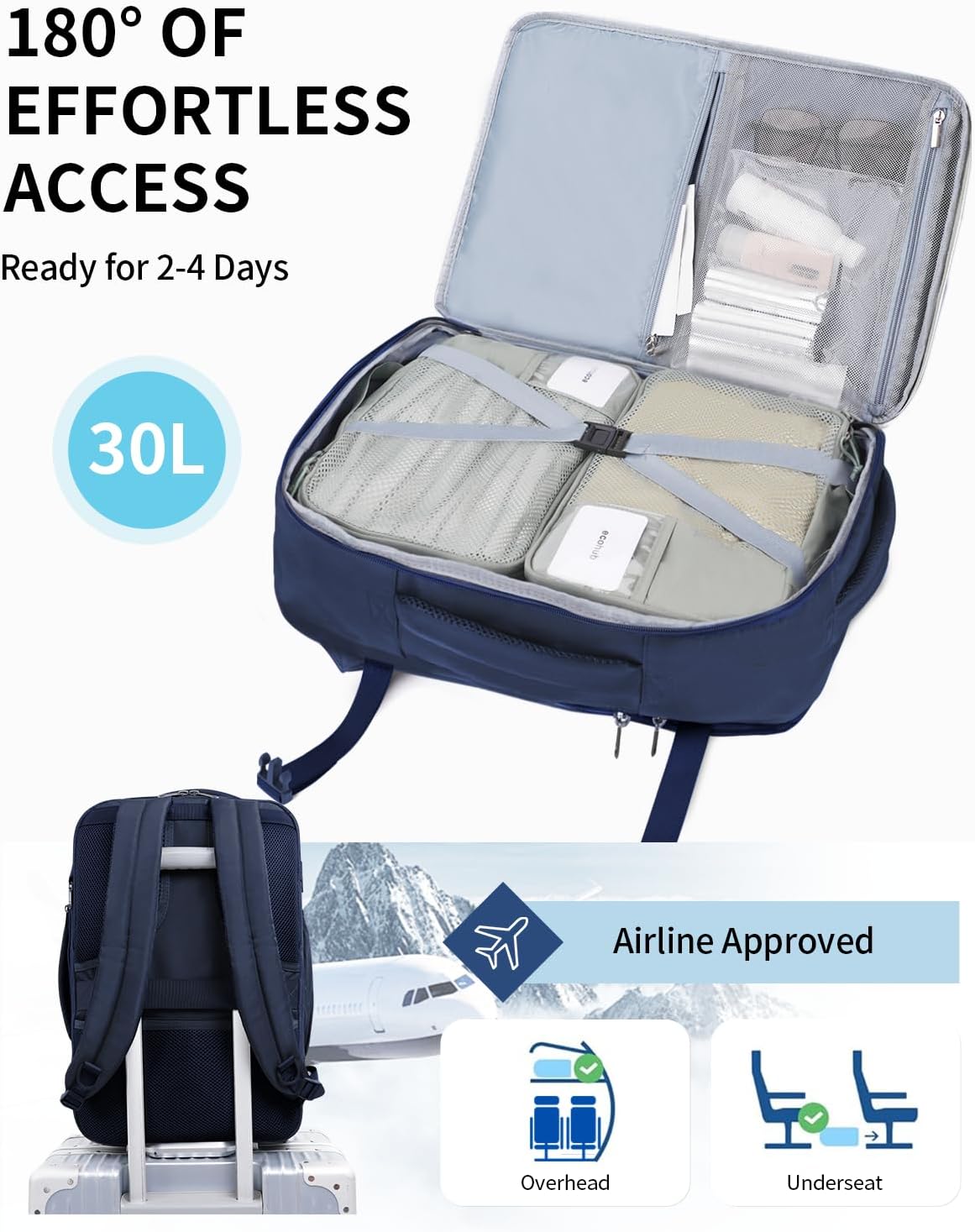 17" Small Unisex Travel Backpack United Airlines Approved 17x10x9 Friendly Suitcase Anti-Theft Lockable Zippers Style Personal Item Bag Travel Essentials with 12 Pockets Water Resistant, Blue