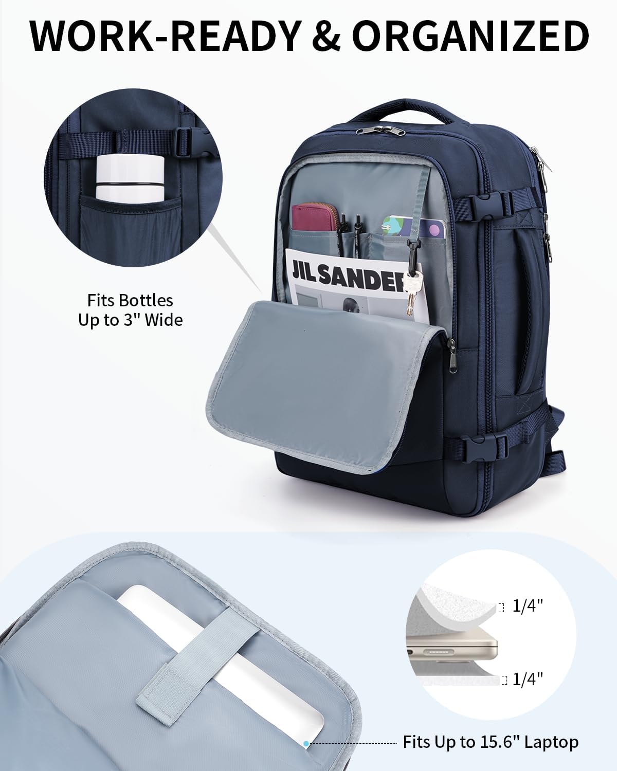 17" Small Unisex Travel Backpack United Airlines Approved 17x10x9 Friendly Suitcase Anti-Theft Lockable Zippers Style Personal Item Bag Travel Essentials with 12 Pockets Water Resistant, Blue