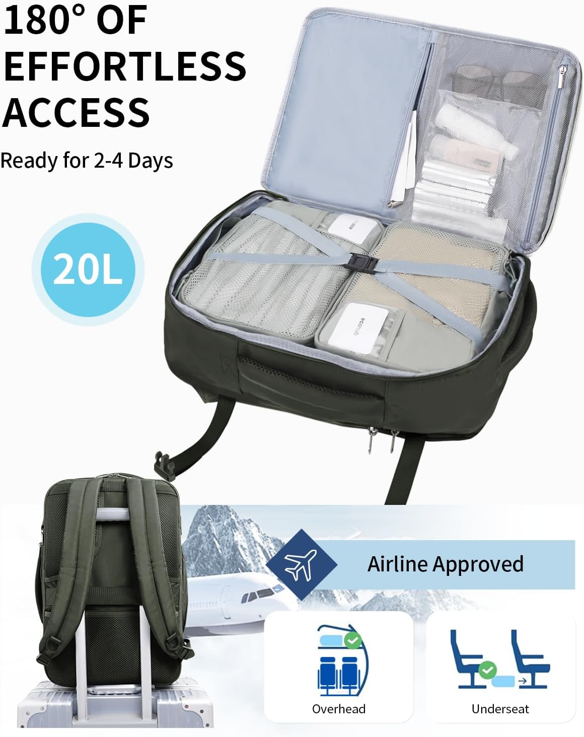 17" Small Unisex Travel Backpack United Airlines Approved 17x10x9 Friendly Suitcase Anti-Theft Lockable Zippers Style Personal Item Bag Travel Essentials with 12 Pockets Water Resistant, Blue