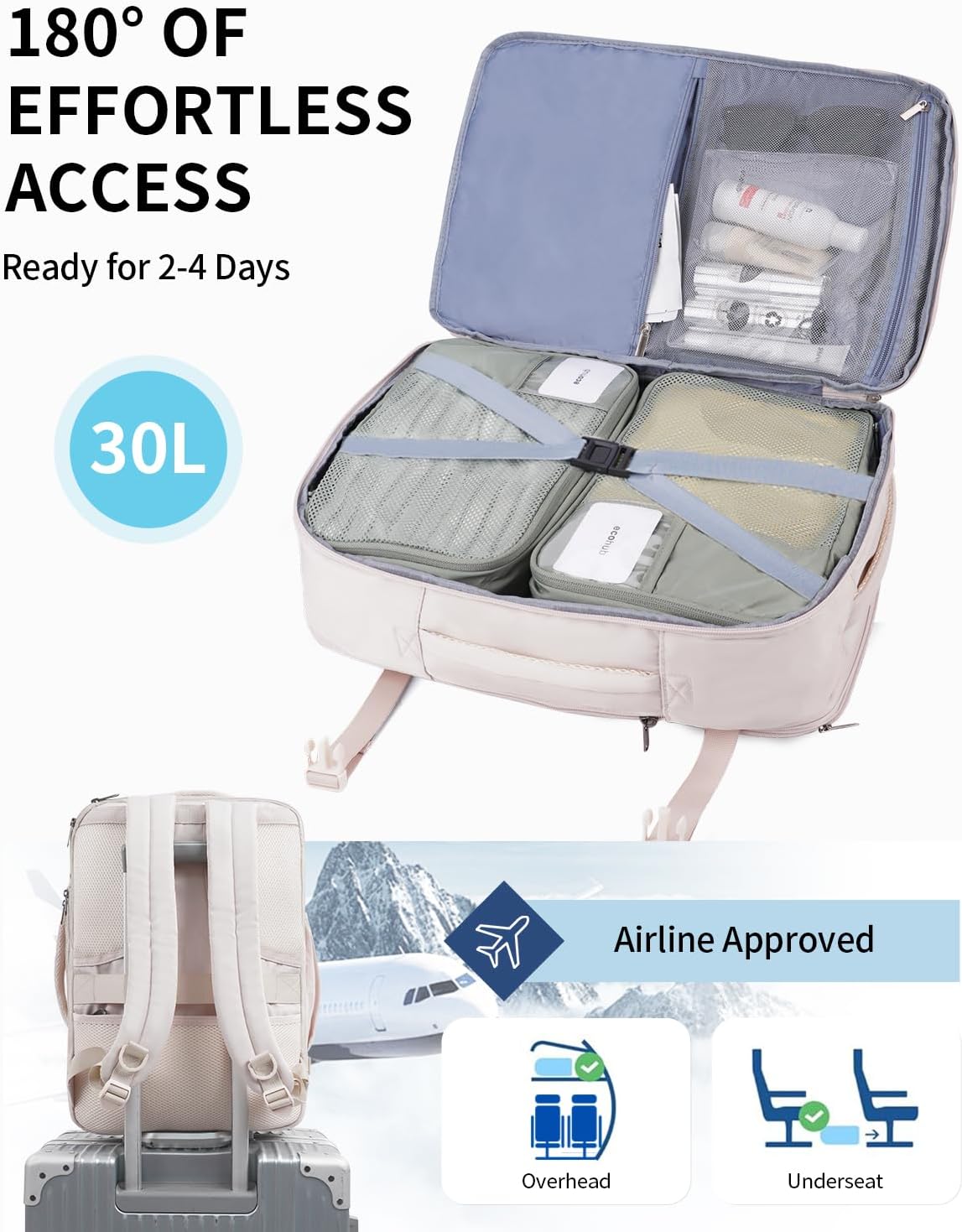 17" Small Unisex Travel Backpack United Airlines Approved 17x10x9 Friendly Suitcase Anti-Theft Lockable Zippers Style Personal Item Bag Travel Essentials with 12 Pockets Water Resistant, Blue