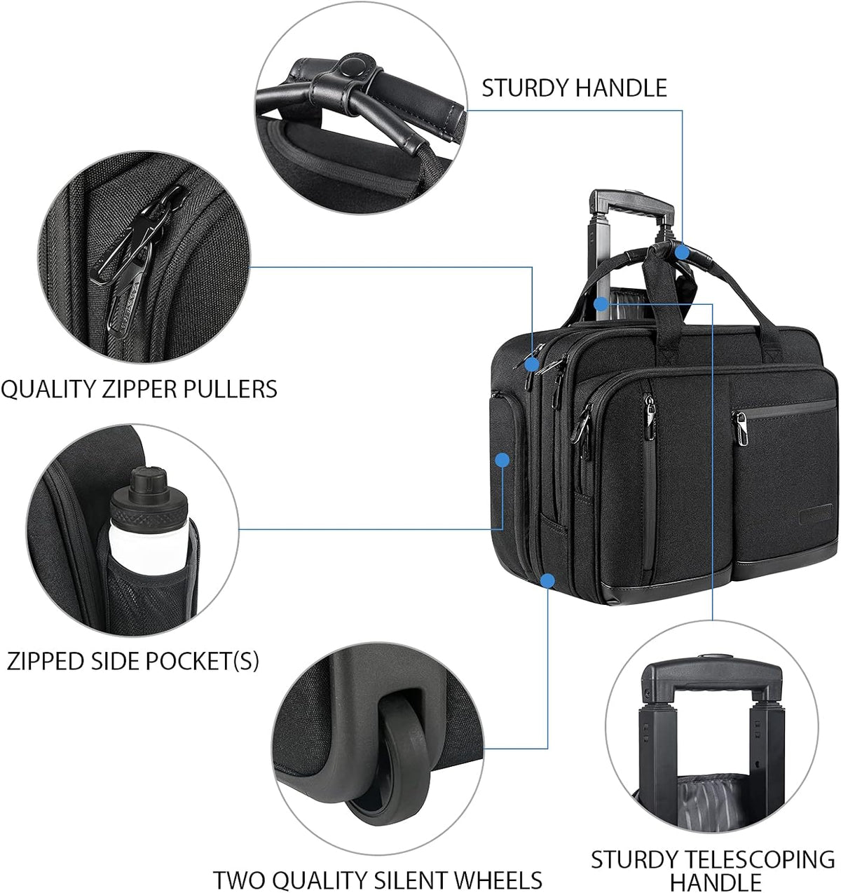 17.3 Inch Rolling Laptop Bag, Waterproof Overnight Rolling Bags, Laptop Bags for Travel/Work/Business, Stylish Carry on Briefcase, Black