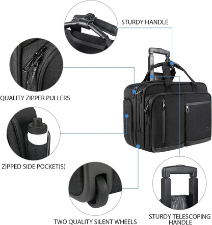 17.3 Inch Rolling Laptop Bag, Waterproof Overnight Rolling Bags, Laptop Bags for Travel/Work/Business, Stylish Carry on Briefcase, Black