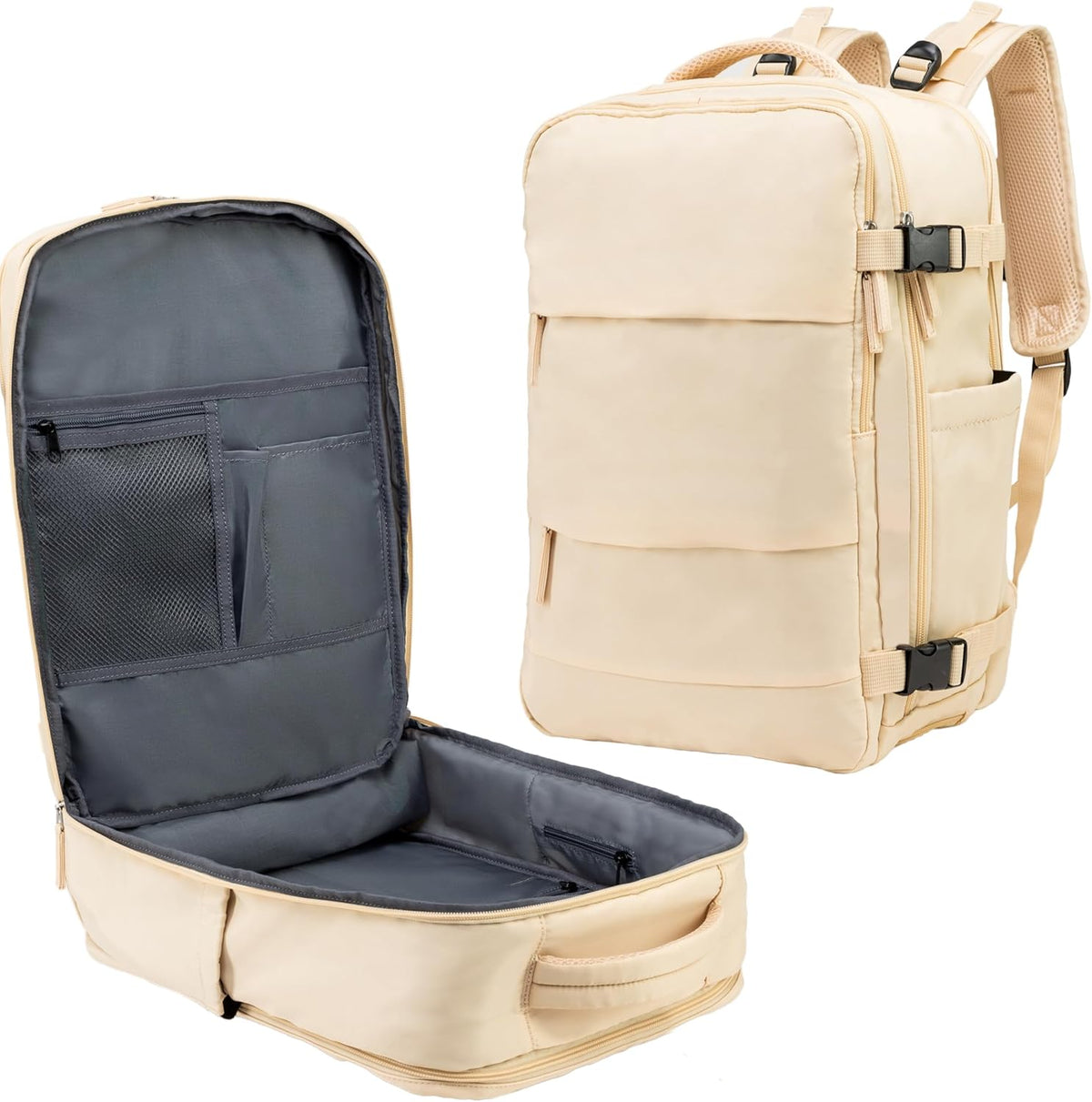 (Not Made In China) Travel Backpack Airline Approved, Carry-On Underseat, Holds 15.6 or 16 Inch Laptop, Personal Item Bag with Shoe Compartment For Men Women, Beige 30l