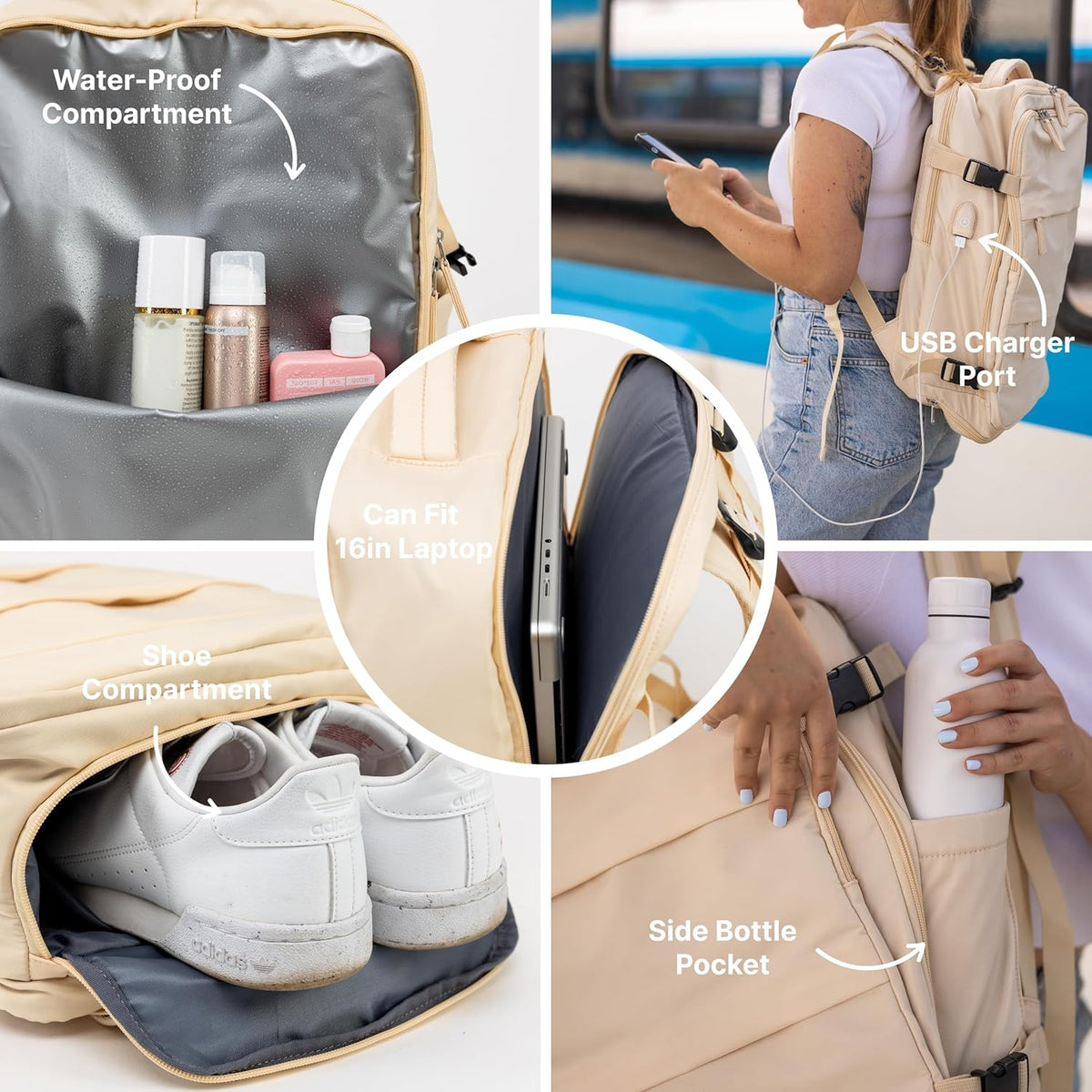 (Not Made In China) Travel Backpack Airline Approved, Carry-On Underseat, Holds 15.6 or 16 Inch Laptop, Personal Item Bag with Shoe Compartment For Men Women, Beige 30l
