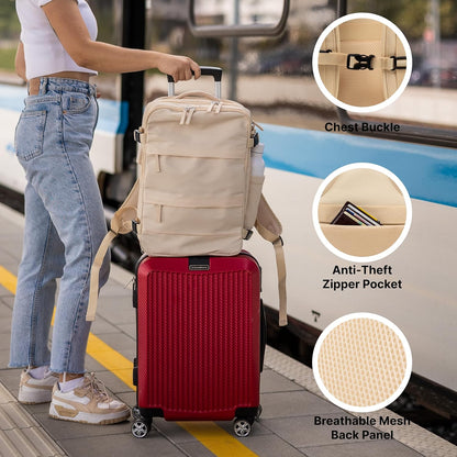 (Not Made In China) Travel Backpack Airline Approved, Carry-On Underseat, Holds 15.6 or 16 Inch Laptop, Personal Item Bag with Shoe Compartment For Men Women, Beige 30l