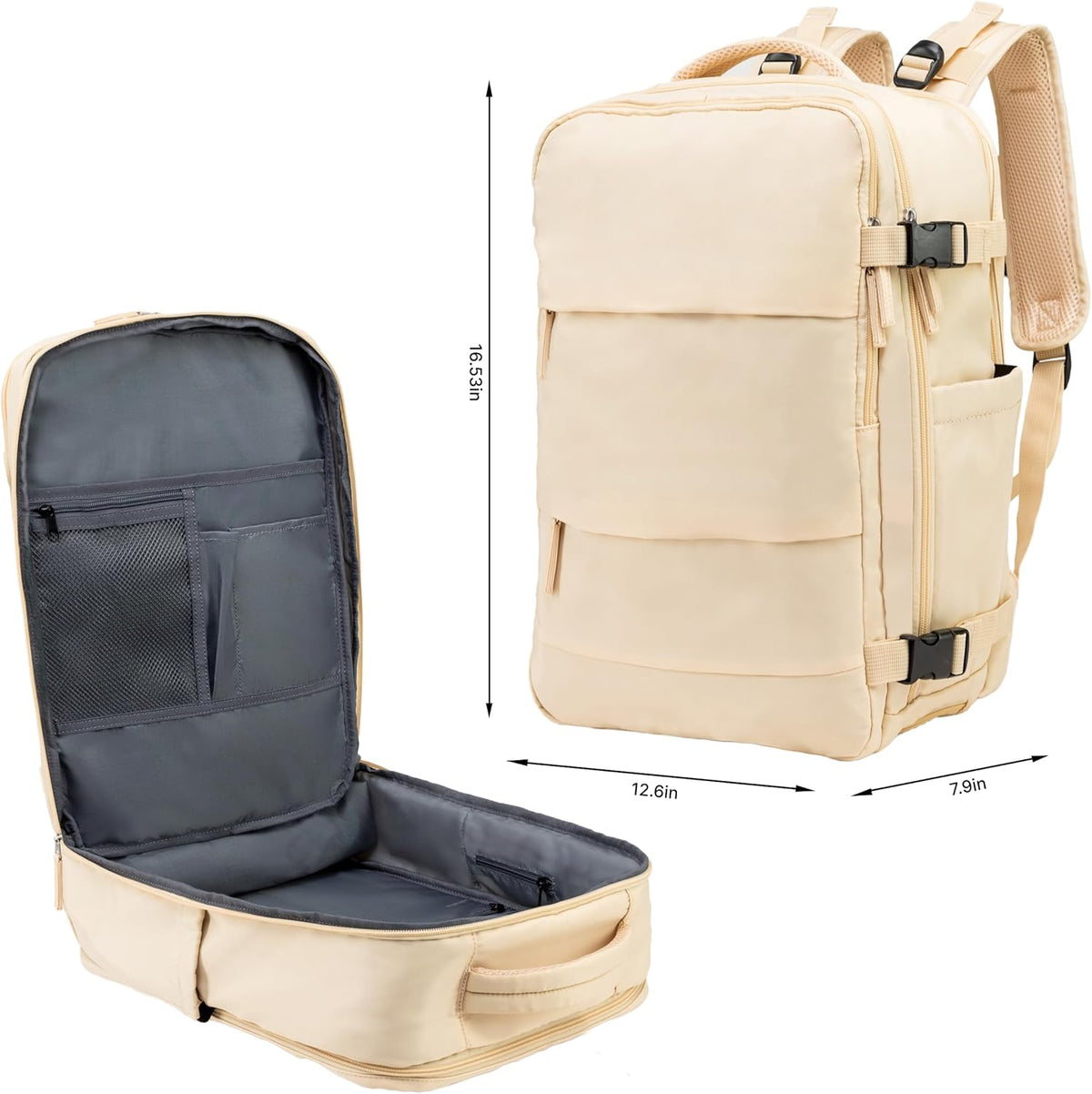 (Not Made In China) Travel Backpack Airline Approved, Carry-On Underseat, Holds 15.6 or 16 Inch Laptop, Personal Item Bag with Shoe Compartment For Men Women, Beige 30l