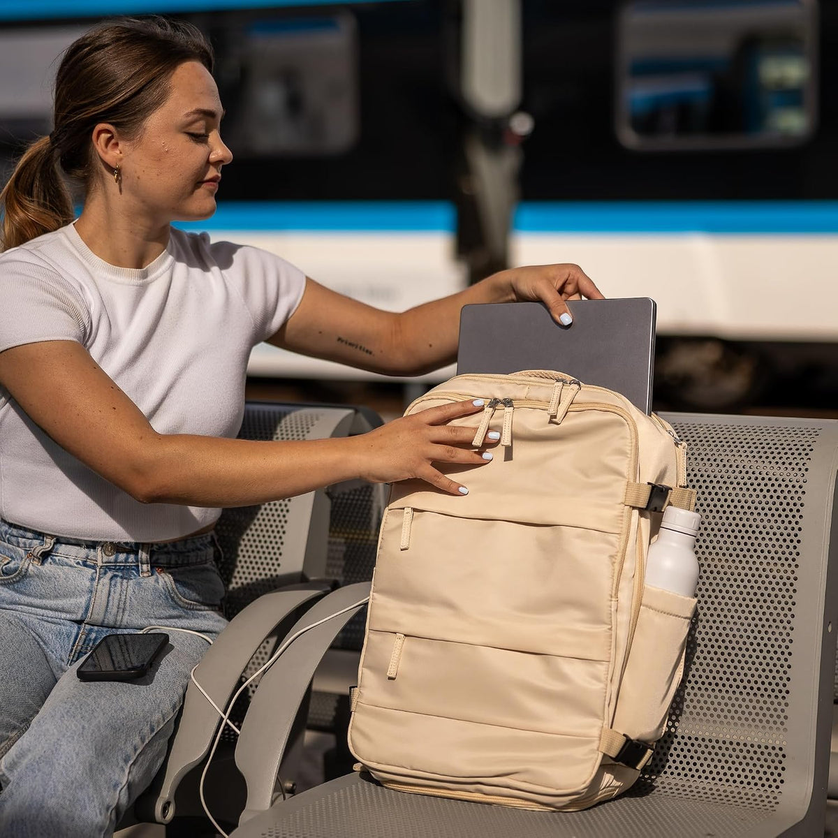 (Not Made In China) Travel Backpack Airline Approved, Carry-On Underseat, Holds 15.6 or 16 Inch Laptop, Personal Item Bag with Shoe Compartment For Men Women, Beige 30l