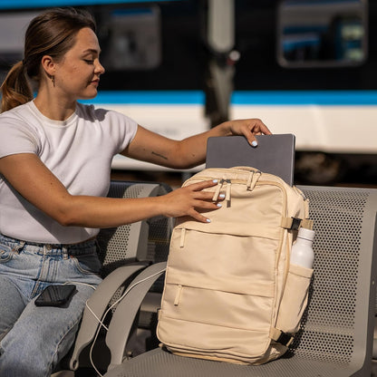 (Not Made In China) Travel Backpack Airline Approved, Carry-On Underseat, Holds 15.6 or 16 Inch Laptop, Personal Item Bag with Shoe Compartment For Men Women, Beige 30l