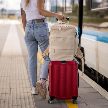 (Not Made In China) Travel Backpack Airline Approved, Carry-On Underseat, Holds 15.6 or 16 Inch Laptop, Personal Item Bag with Shoe Compartment For Men Women, Beige 30l