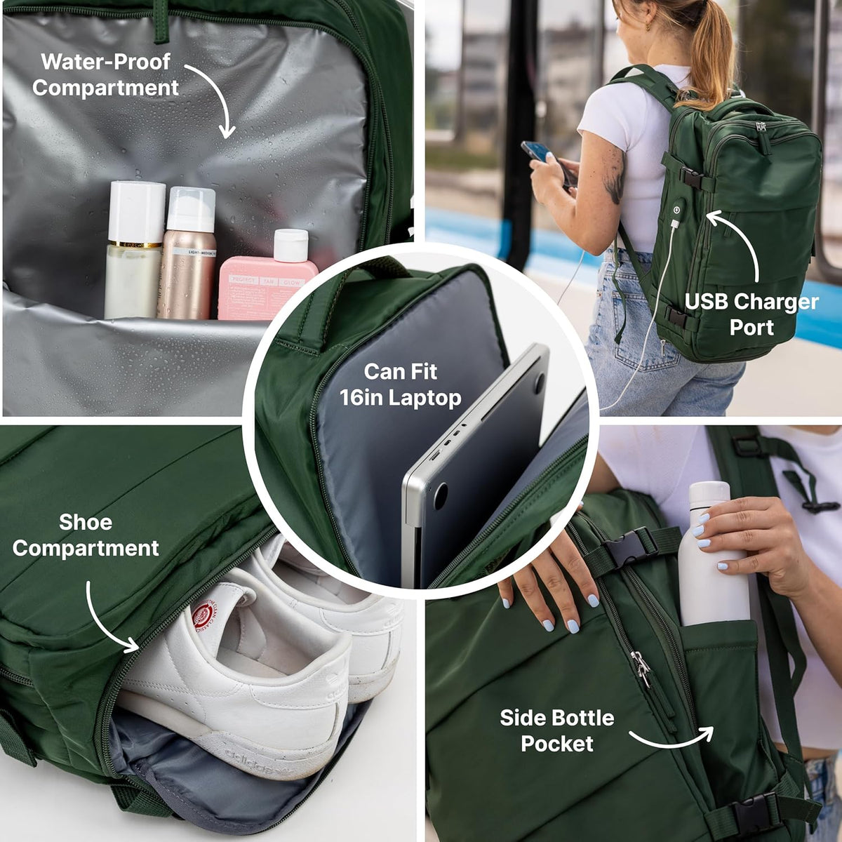 (Not Made In China) Travel Backpack Airline Approved, Carry-On Underseat, Holds 15.6 or 16 Inch Laptop, Personal Item Bag with Shoe Compartment For Men Women, Beige 30l