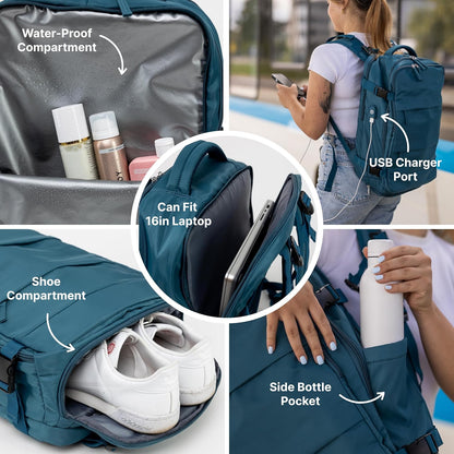 (Not Made In China) Travel Backpack Airline Approved, Carry-On Underseat, Holds 15.6 or 16 Inch Laptop, Personal Item Bag with Shoe Compartment For Men Women, Beige 30l