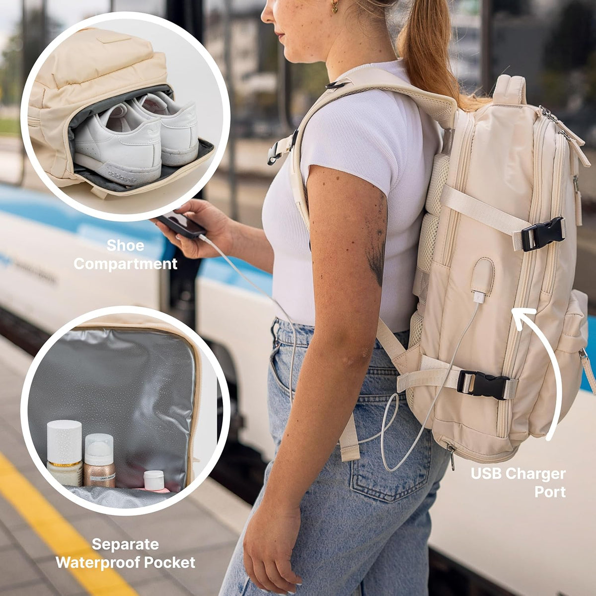 (Not Made In China) Travel Backpack Airline Approved, Carry-On Underseat, Holds 15.6 or 16 Inch Laptop, Personal Item Bag with Shoe Compartment For Men Women, Beige 30l
