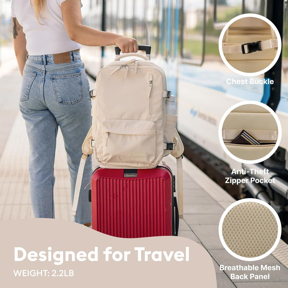 (Not Made In China) Travel Backpack Airline Approved, Carry-On Underseat, Holds 15.6 or 16 Inch Laptop, Personal Item Bag with Shoe Compartment For Men Women, Beige 30l