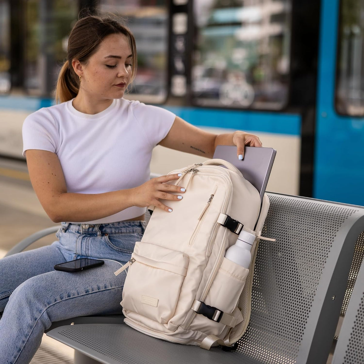 (Not Made In China) Travel Backpack Airline Approved, Carry-On Underseat, Holds 15.6 or 16 Inch Laptop, Personal Item Bag with Shoe Compartment For Men Women, Beige 30l
