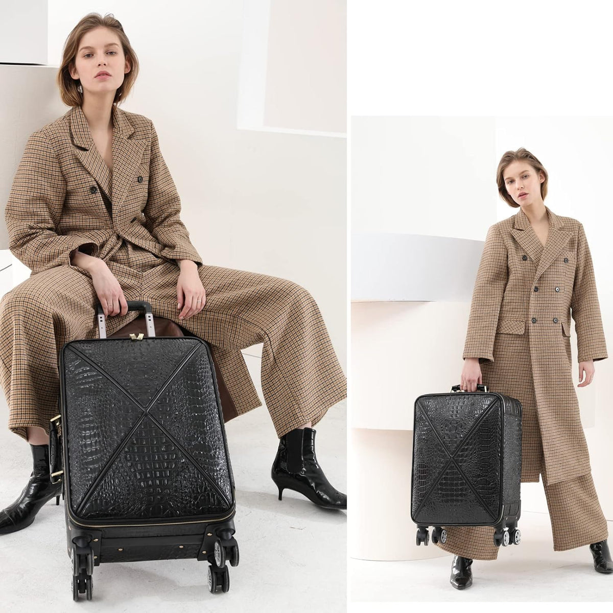 Leather Softside Underseat Carry On Luggage, Expandable Spinner | Rhombus softside finish, sturdy zipper and smooth wheels keep light clothing and work items close on short trips