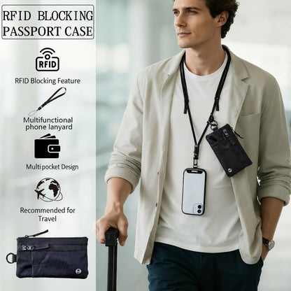 RFID Blocking Passport Holder Neck Wallet, Slim Waterproof Travel Organizer with Phone Pocket, Card & Boarding Pass Storage