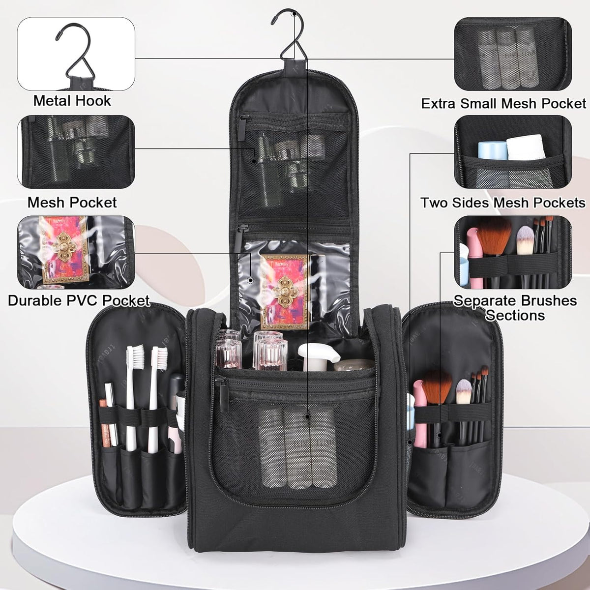 Hanging Toiletry bag & Makeup Bag for Travel, Water-Resistant Organizer Toiletries Bag with Separate Compartments, Travel Essentials Kit (Gray)
