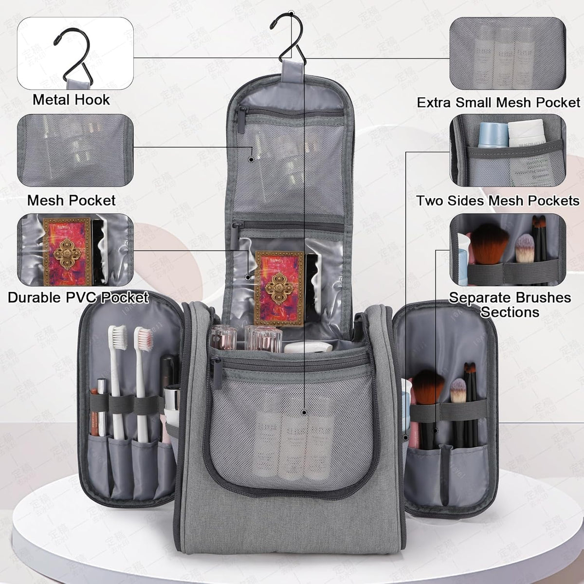 Hanging Toiletry bag & Makeup Bag for Travel, Water-Resistant Organizer Toiletries Bag with Separate Compartments, Travel Essentials Kit (Gray)