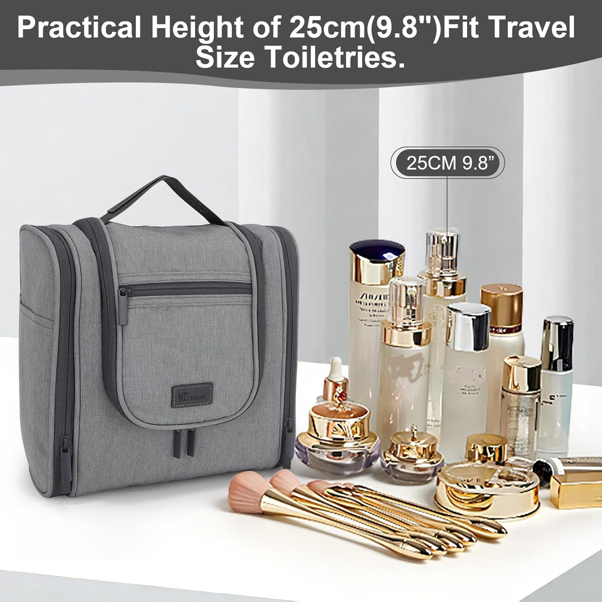 Hanging Toiletry bag & Makeup Bag for Travel, Water-Resistant Organizer Toiletries Bag with Separate Compartments, Travel Essentials Kit (Gray)