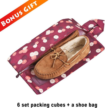 7 Set Packing Cubes with Shoe Bag - Travel Carry On Luggage Organizer