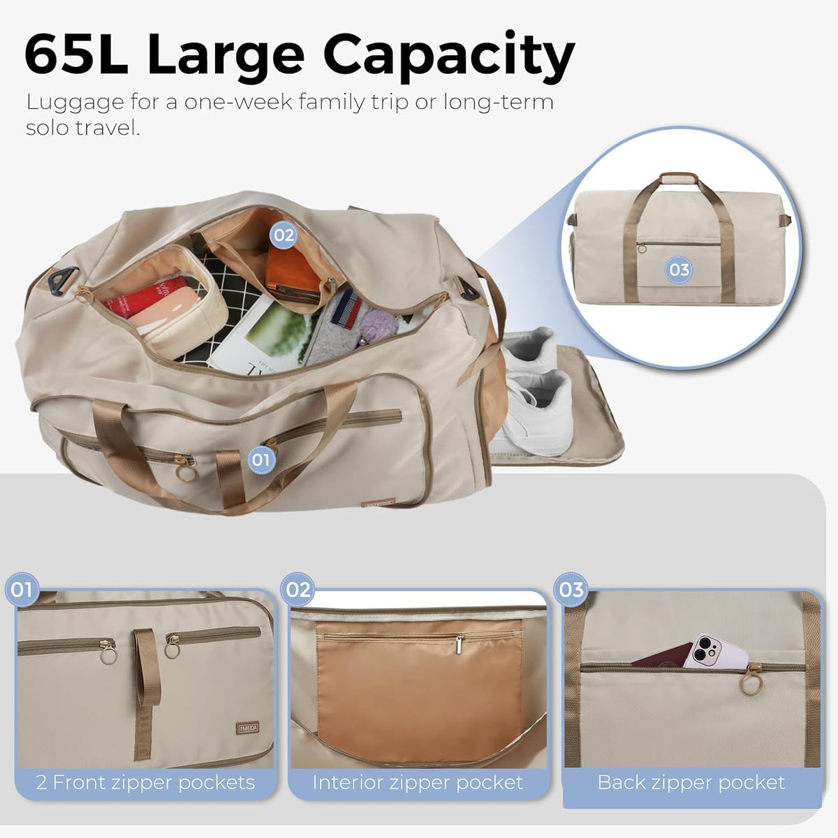 65L Duffle Bag with Shoes Compartment, Foldable Travel Duffel Bags for Men Women, Large Packable Travel Bag Water Repellent & Tear Resistant (Black)