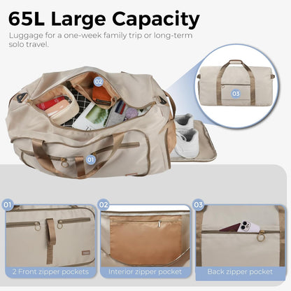 65L Duffle Bag with Shoes Compartment, Foldable Travel Duffel Bags for Men Women, Large Packable Travel Bag Water Repellent & Tear Resistant (Black)