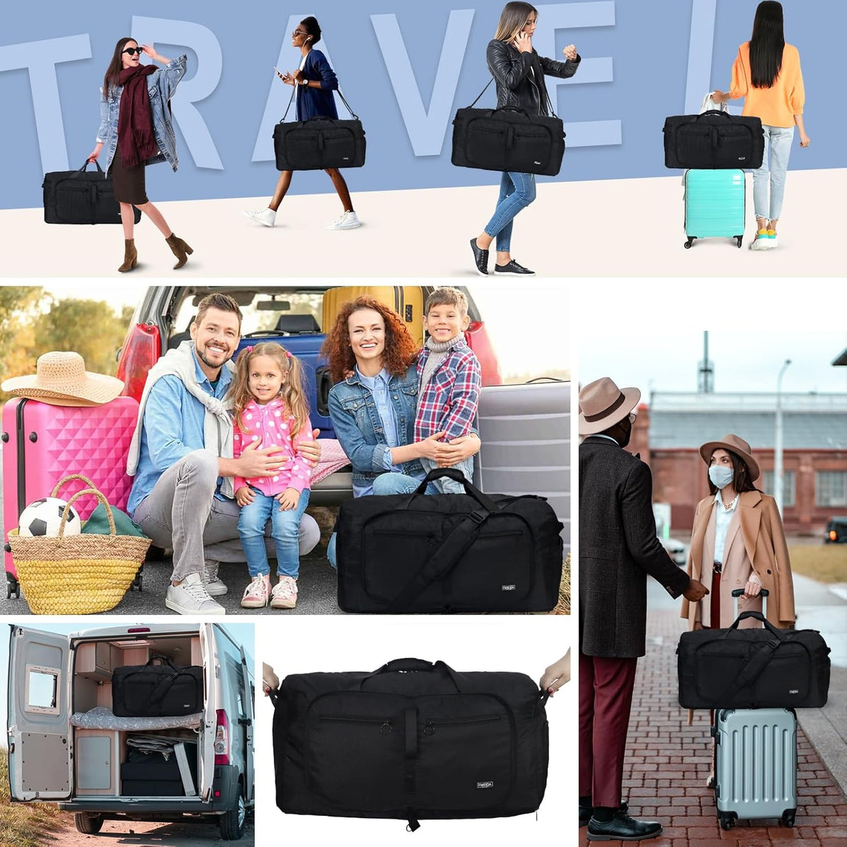 65L Duffle Bag with Shoes Compartment, Foldable Travel Duffel Bags for Men Women, Large Packable Travel Bag Water Repellent & Tear Resistant (Black)