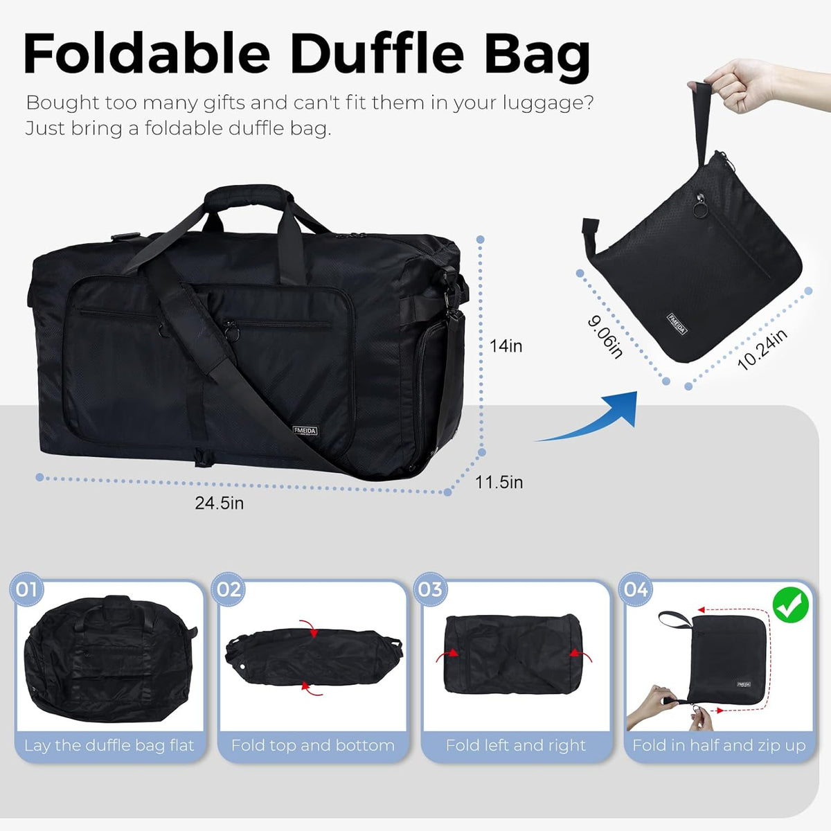 65L Duffle Bag with Shoes Compartment, Foldable Travel Duffel Bags for Men Women, Large Packable Travel Bag Water Repellent & Tear Resistant (Black)
