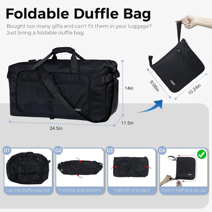 65L Duffle Bag with Shoes Compartment, Foldable Travel Duffel Bags for Men Women, Large Packable Travel Bag Water Repellent & Tear Resistant (Black)