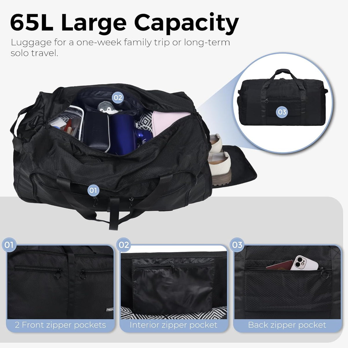 65L Duffle Bag with Shoes Compartment, Foldable Travel Duffel Bags for Men Women, Large Packable Travel Bag Water Repellent & Tear Resistant (Black)