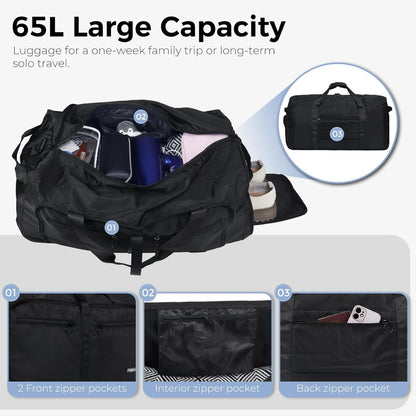 65L Duffle Bag with Shoes Compartment, Foldable Travel Duffel Bags for Men Women, Large Packable Travel Bag Water Repellent & Tear Resistant (Black)
