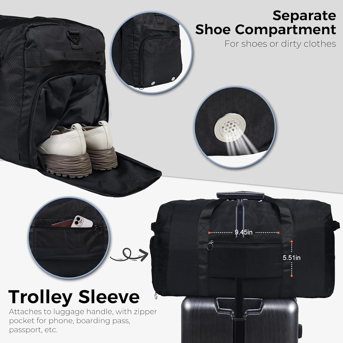 65L Duffle Bag with Shoes Compartment, Foldable Travel Duffel Bags for Men Women, Large Packable Travel Bag Water Repellent & Tear Resistant (Black)