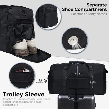 65L Duffle Bag with Shoes Compartment, Foldable Travel Duffel Bags for Men Women, Large Packable Travel Bag Water Repellent & Tear Resistant (Black)