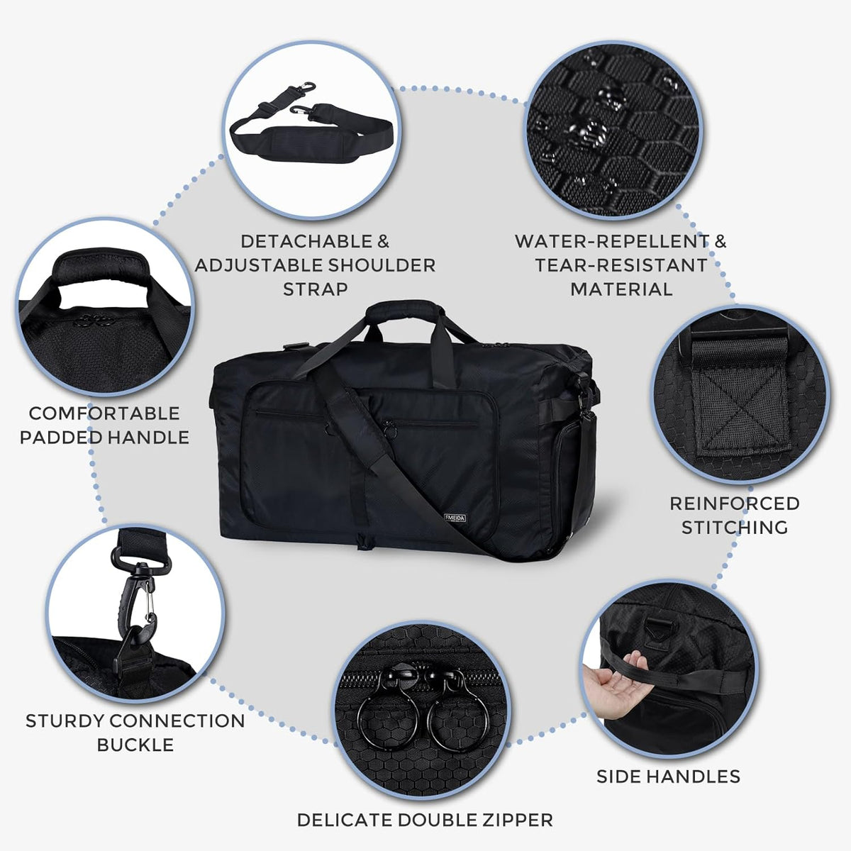 65L Duffle Bag with Shoes Compartment, Foldable Travel Duffel Bags for Men Women, Large Packable Travel Bag Water Repellent & Tear Resistant (Black)