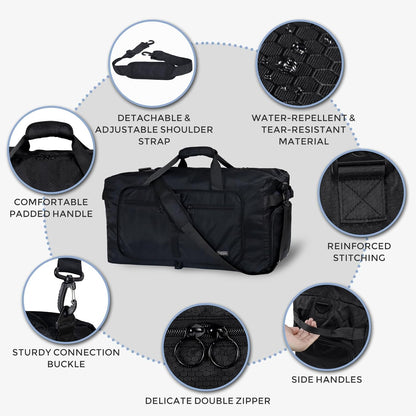 65L Duffle Bag with Shoes Compartment, Foldable Travel Duffel Bags for Men Women, Large Packable Travel Bag Water Repellent & Tear Resistant (Black)