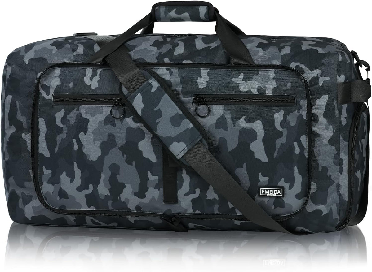 65L Duffle Bag with Shoes Compartment, Foldable Travel Duffel Bags for Men Women, Large Packable Travel Bag Water Repellent & Tear Resistant (Black)