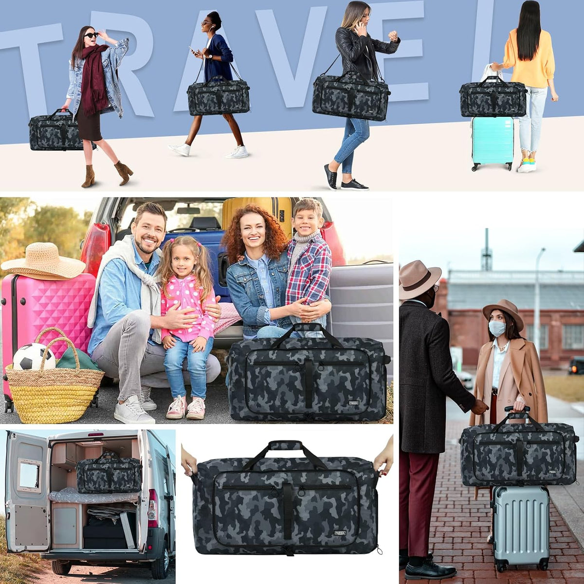 65L Duffle Bag with Shoes Compartment, Foldable Travel Duffel Bags for Men Women, Large Packable Travel Bag Water Repellent & Tear Resistant (Black)