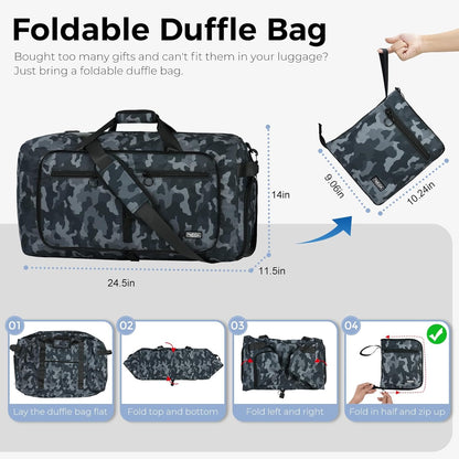 65L Duffle Bag with Shoes Compartment, Foldable Travel Duffel Bags for Men Women, Large Packable Travel Bag Water Repellent & Tear Resistant (Black)