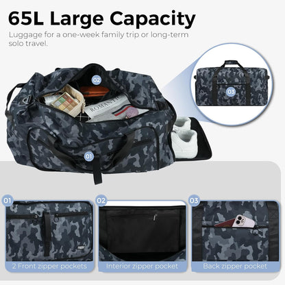 65L Duffle Bag with Shoes Compartment, Foldable Travel Duffel Bags for Men Women, Large Packable Travel Bag Water Repellent & Tear Resistant (Black)