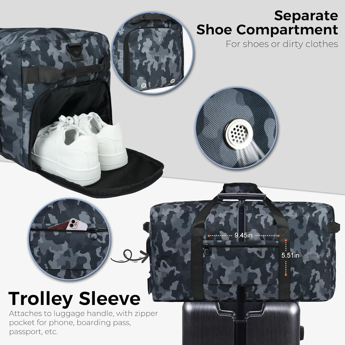 65L Duffle Bag with Shoes Compartment, Foldable Travel Duffel Bags for Men Women, Large Packable Travel Bag Water Repellent & Tear Resistant (Black)