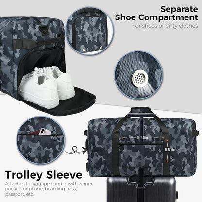 65L Duffle Bag with Shoes Compartment, Foldable Travel Duffel Bags for Men Women, Large Packable Travel Bag Water Repellent & Tear Resistant (Black)