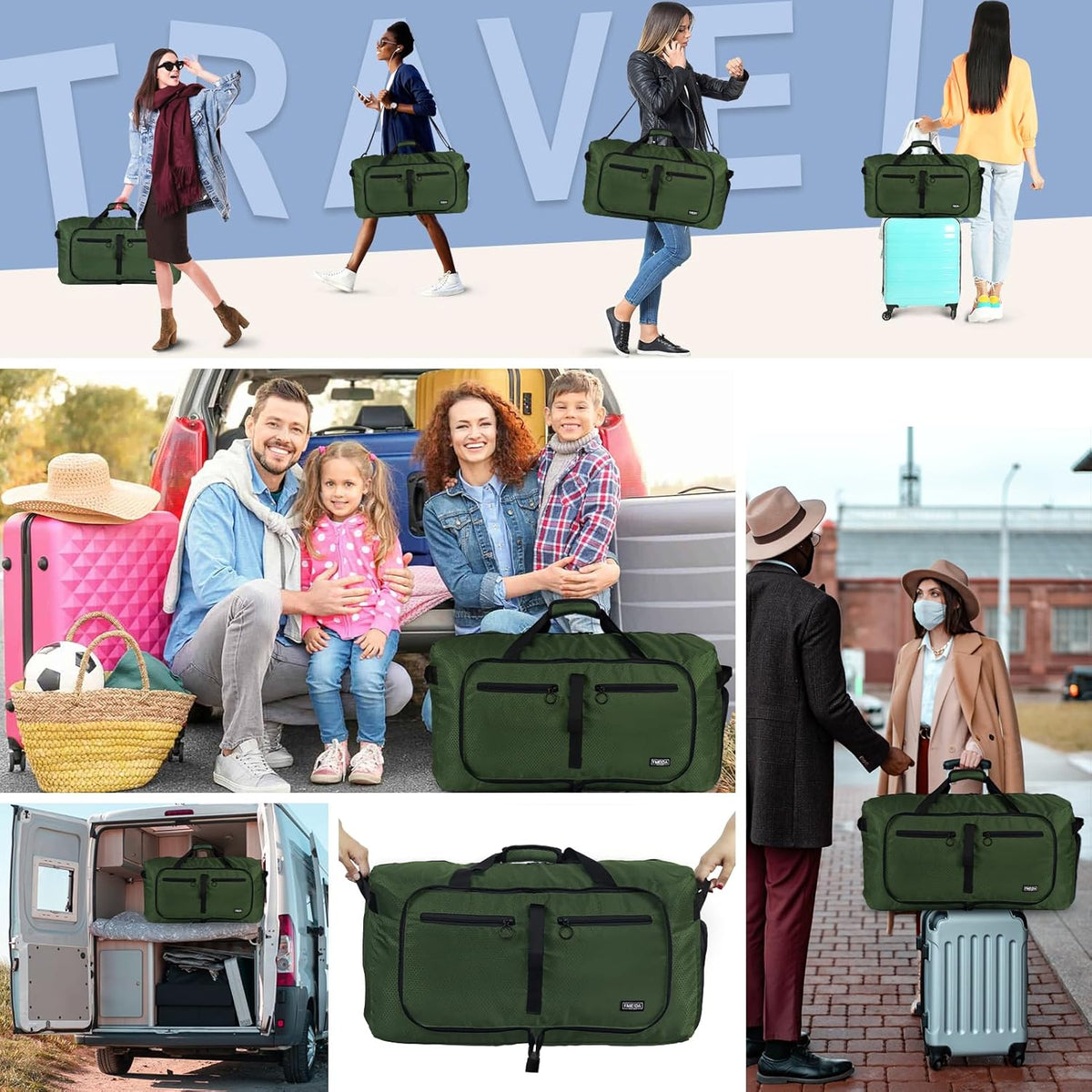 65L Duffle Bag with Shoes Compartment, Foldable Travel Duffel Bags for Men Women, Large Packable Travel Bag Water Repellent & Tear Resistant (Black)