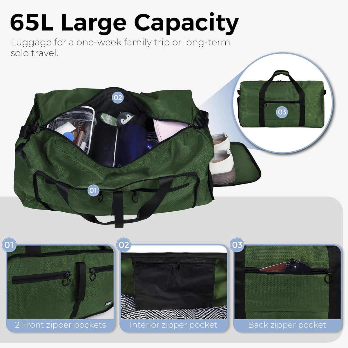 65L Duffle Bag with Shoes Compartment, Foldable Travel Duffel Bags for Men Women, Large Packable Travel Bag Water Repellent & Tear Resistant (Black)