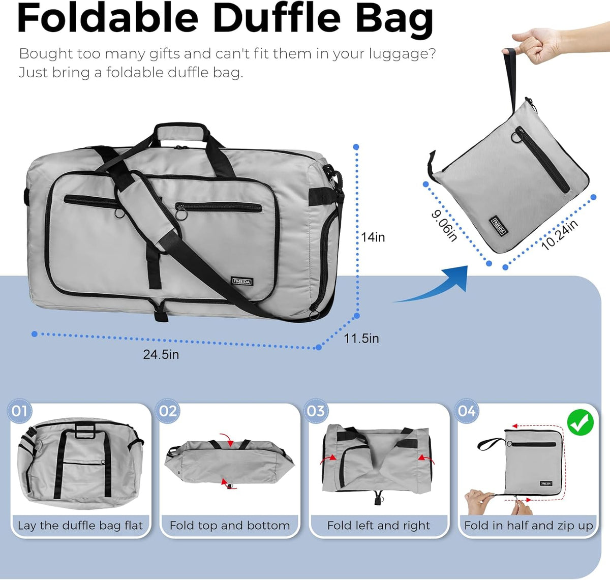 65L Duffle Bag with Shoes Compartment, Foldable Travel Duffel Bags for Men Women, Large Packable Travel Bag Water Repellent & Tear Resistant (Black)