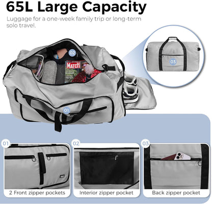 65L Duffle Bag with Shoes Compartment, Foldable Travel Duffel Bags for Men Women, Large Packable Travel Bag Water Repellent & Tear Resistant (Black)