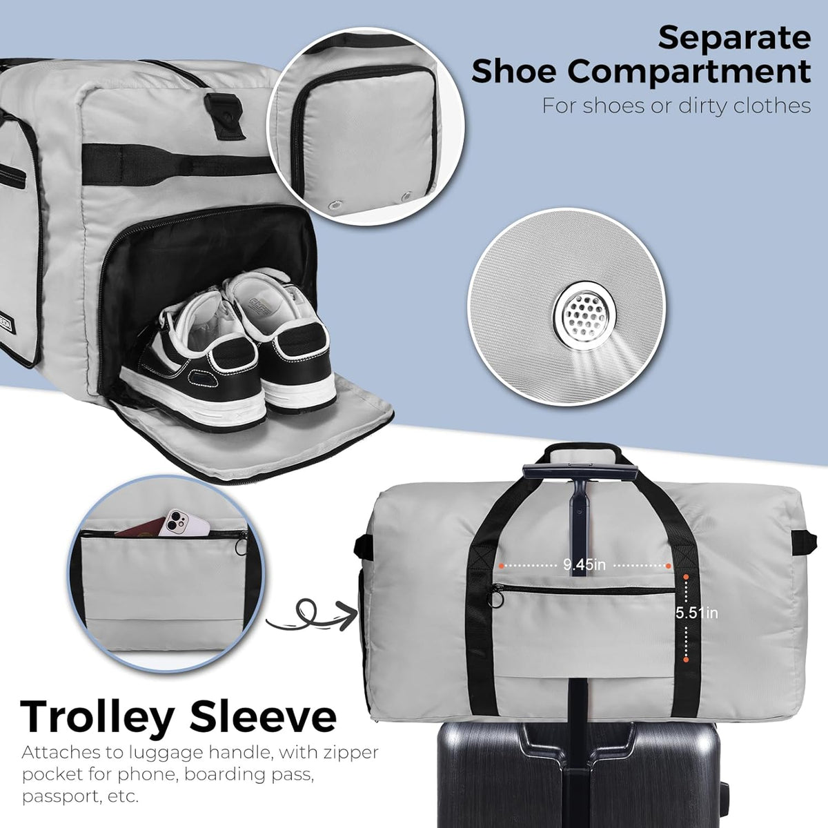65L Duffle Bag with Shoes Compartment, Foldable Travel Duffel Bags for Men Women, Large Packable Travel Bag Water Repellent & Tear Resistant (Black)