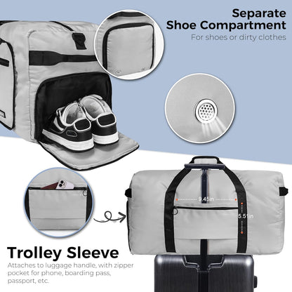 65L Duffle Bag with Shoes Compartment, Foldable Travel Duffel Bags for Men Women, Large Packable Travel Bag Water Repellent & Tear Resistant (Black)
