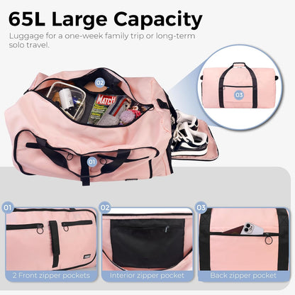 65L Duffle Bag with Shoes Compartment, Foldable Travel Duffel Bags for Men Women, Large Packable Travel Bag Water Repellent & Tear Resistant (Black)