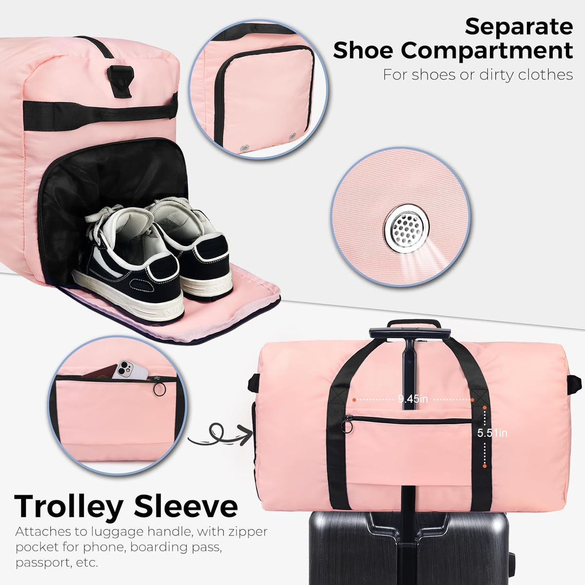 65L Duffle Bag with Shoes Compartment, Foldable Travel Duffel Bags for Men Women, Large Packable Travel Bag Water Repellent & Tear Resistant (Black)