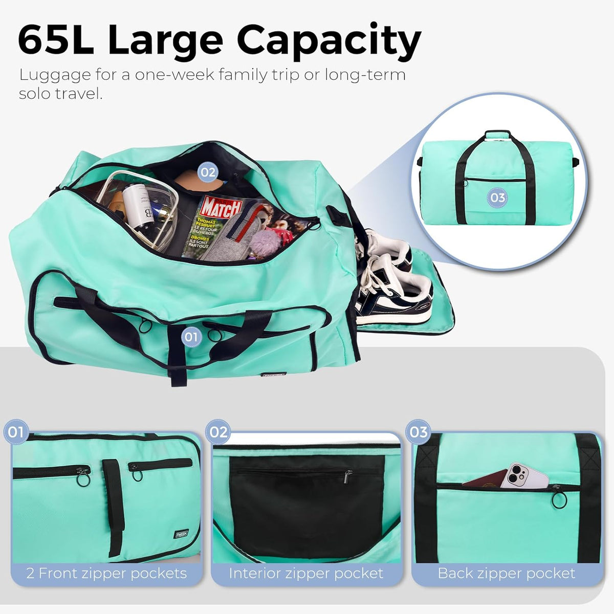 65L Duffle Bag with Shoes Compartment, Foldable Travel Duffel Bags for Men Women, Large Packable Travel Bag Water Repellent & Tear Resistant (Black)